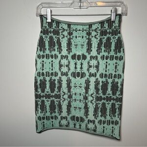 BCBGMAXAZRIA Knit Pencil Skirt | Green Black Geometric Midi | Stretch Bodycon